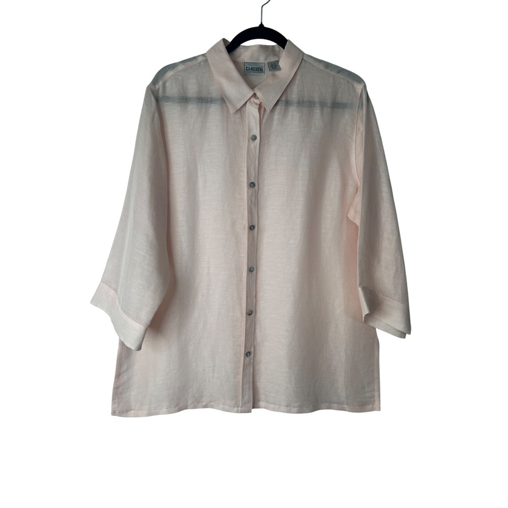 Chicos Womens Silk Linen Blend Top Size 2 Light Pink Button Front‎ Semi Sheer